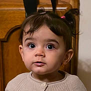 Kyra participe au concours pour gagner de l'argent avec cette photo : baby, buttoned_shirt, child, clothing, curly_hair, cute, ear, expression, eyes, face, head, indoors, mouth, nose, person, pigtails, portrait, skin, toddler, young
