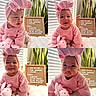 baby, bow, child, cozy, fur_blanket, head_wrap, houseplant, indoor, infant, knit_sweater, letter_board, pink_clothing, plush_toy, portrait, sitting, smile, stuffed_animal, text_board, tongue_out, window_blinds