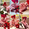 baby, child, collage, couch, hands, happy, indoor, infant, natural_light, pink_dress, plush_toy, portrait, red_bow, rose_petals, roses, sitting, sofa, teddy_bear, toes, tutu