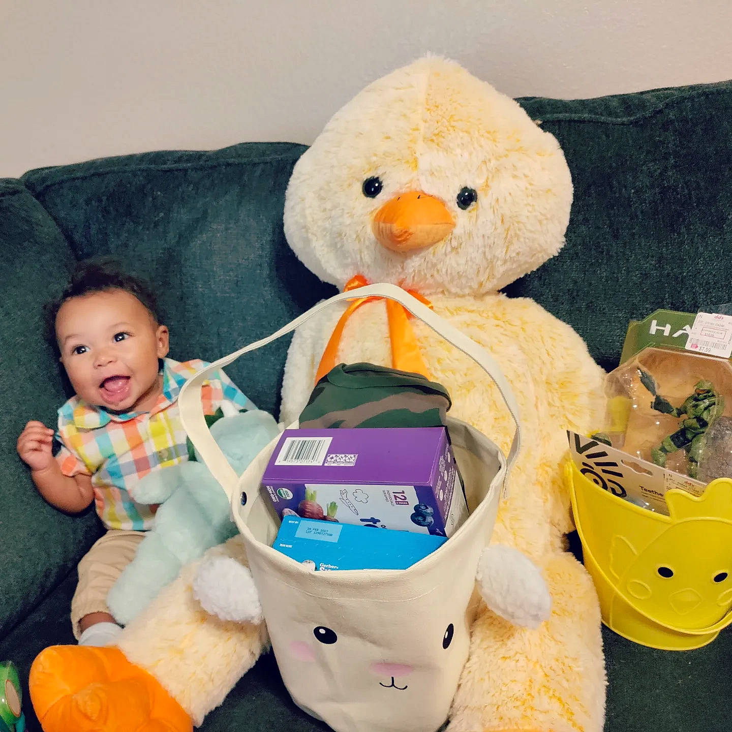 Caleb joined the competition — help win amazing prizes! baby, baby_products, baby_toddler_clothing, baby_toys, bag, child, comfort, doll, happy, lap, person, play, plush, product, room, smile, stuffed_toy, textile, toddler, toy