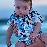 Benjamin joined the competition — help win amazing prizes! baby, infant, child, blue_eyes, short_hair, shirt, patterned_clothing, hand, adult_hand, beach, ocean, sunset, portrait, close_up, outdoor, holding, cute, expression, skin, person