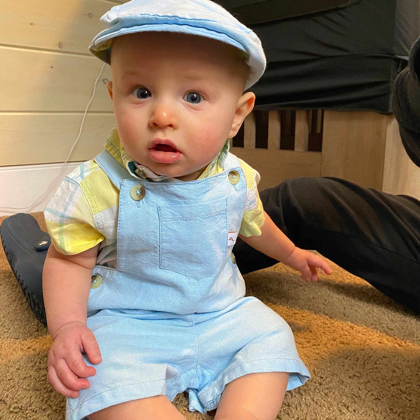Sawyer joined the competition — help win amazing prizes! baby, baseballcap, bonnet, cap, clothing, crawling, dress, face, hat, head, jeans, pants, person, photography, portrait, shirt, shorts, sitting, sleeve, sunhat