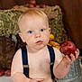 baby, child, potato, dirt, face, hand, blue_eyes, denim_shorts, suspenders, bare_chest, boots, hay, rustic, farm, background, sitting, curious, indoor, person, portrait