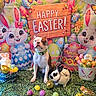 dog, rabbit, easter_eggs, basket, holiday, celebration, colorful, decorations, festive, spring, grass, cute, animal, pet, background, sign, illustration, balloons, flowers, playful
