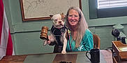 Remi is registered to the contest to win money with this photo: blinds, chair, courtroom, cup, desk, dog, flag, gavel, harness, indoor, justice_of_the_peace, map, office, person, portrait, sign, smile, window, woman, wooden_furniture