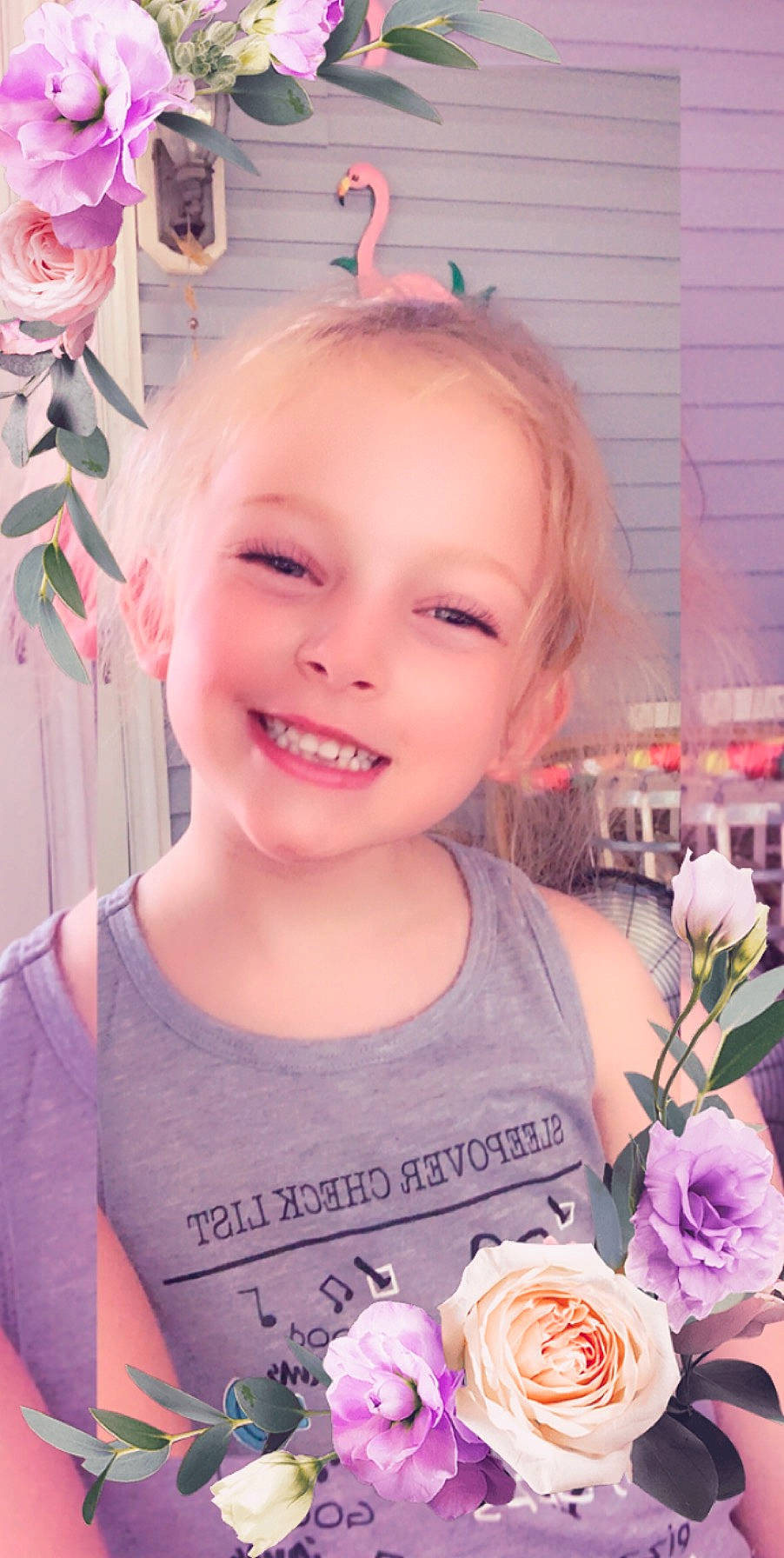 Sadie is registered to the contest to win money with this photo: child, eyelash, face, flower, hair_coloring, happy, joy, lavender, person, photography, pink, plant, smile, toddler