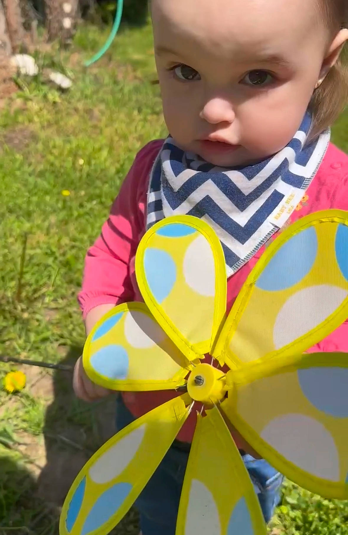 Lucero is registered to the contest to win money with this photo: automotive_wheel_system, baby_toddler_clothing, child, close_up, doll, eyewear, facial_expression, fashion_accessory, fun, grass, green, happy, headwear, insect, pattern, people_in_nature, person, petal, plant, pollinator