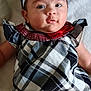 baby, child, infant, headband, flower, dress, plaid, red_bow, lying_down, blanket, soft, cute, face, portrait, young_child, indoors, person, clothing, looking, adorable