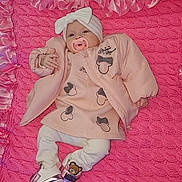 Ivy-Rose joined the competition — help win amazing prizes! baby, baby_shoes, blanket, child, comfortable, cute, footwear, headband, indoors, infant, knitted_blanket, leggings, pacifier, pink, pink_jacket, portrait, ribbons, sleepwear, soft_toys, textile