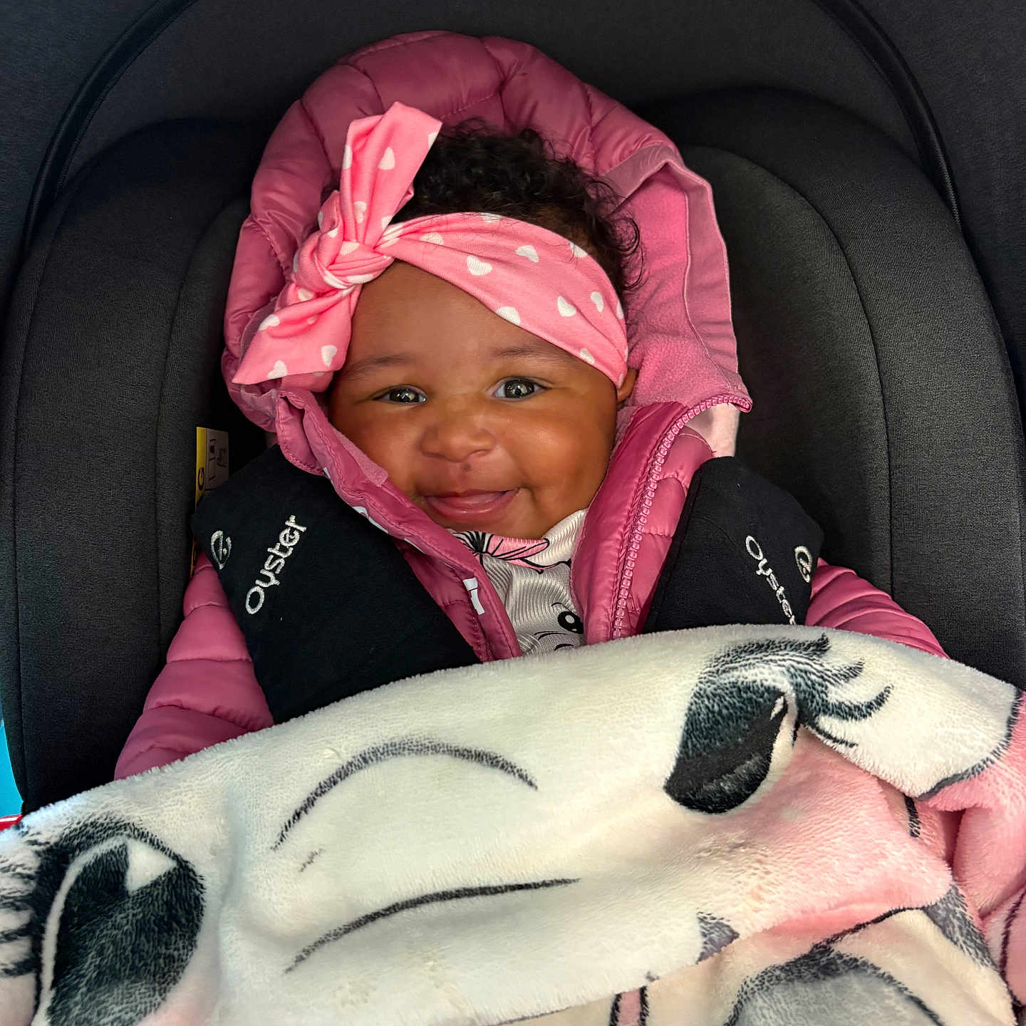 Anaiylah-Rea is registered to the contest to win money with this photo: apparel, baby, blanket, car_seat, child, cozy, cute, face, happy, headband, indoors, infant, person, pink_jacket, portrait, seatbelt, smile, toddler, warm, wrapped