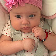 Loicy Lorenzo joined the competition — help win amazing prizes! baby, infant, child, portrait, close_up, face, eyes, pink, headband, flower, smiling, outdoor, seated, baby_carrier, straps, clothing, strawberry_pattern, bracelet, cushion, photography