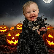 Lucius joined the competition — help win amazing prizes! baby, child, halloween, costume, pumpkin, jackolantern, night, moon, stars, smile, cute, outdoor, holiday, spooky, face, clothing, feet, bat, glowing, celebration