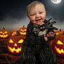 baby, child, halloween, costume, pumpkin, jackolantern, night, moon, stars, smile, cute, outdoor, holiday, spooky, face, clothing, feet, bat, glowing, celebration