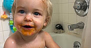 Kash is registered to the contest to win money with this photo: bath_time, bath_toys, bathroom, bathtub, blue_eyes, child, cute, diaper, fun, happy, indoor, messy, playful, smiling, spaghetti_sauce, toddler, water, wet_skin, white_tiles, young_child
