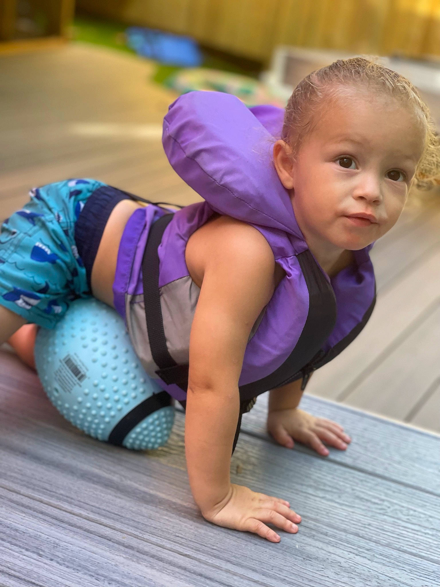 Caylor joined the competition — help win amazing prizes! baby, baby_toddler_clothing, barefoot, child, crawling, floor, flooring, foot, fun, grass, happy, human_leg, knee, leisure, person, purple, sitting, smile, thigh, toddler