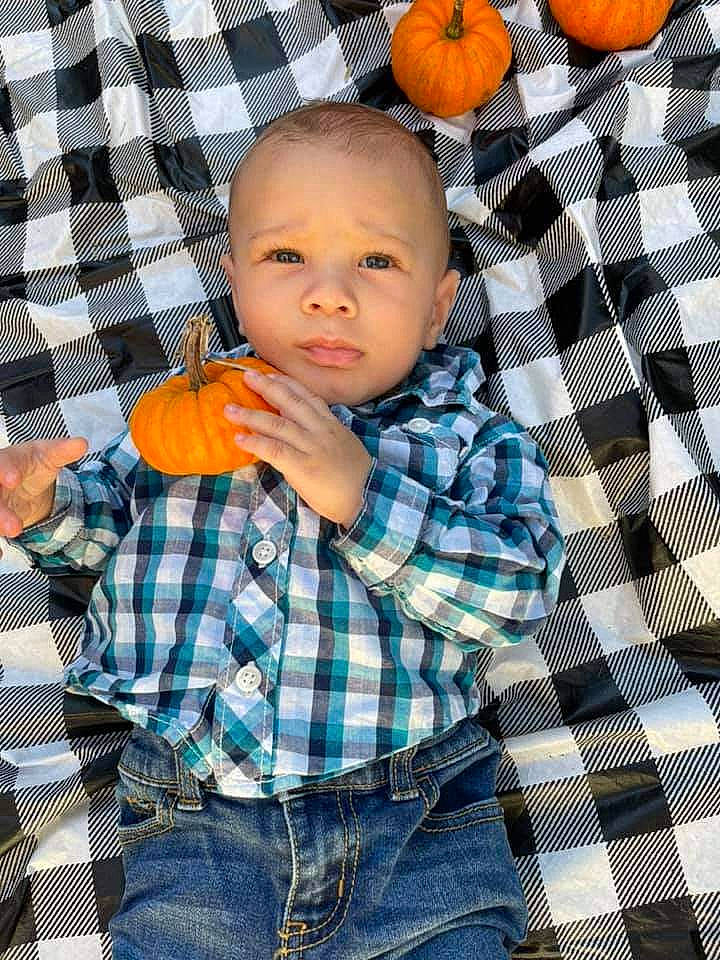 Dreshaun joined the competition — help win amazing prizes! baby, calabaza, child, cucurbita, fruit, gourd, happy, jeans, natural_foods, orange, pattern, person, plaid, plant, pumpkin, tartan, textile, toddler, vegetable, winter_squash