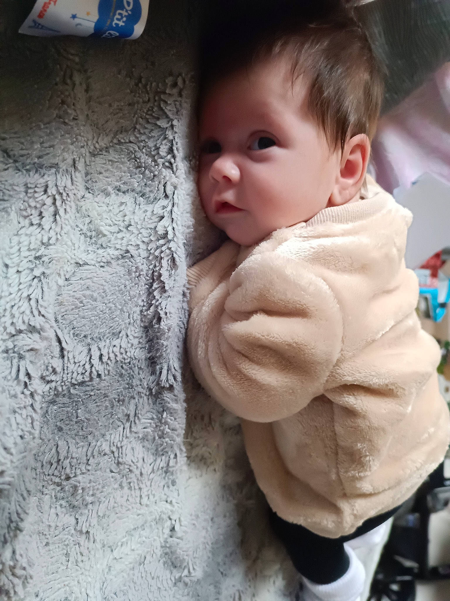 Aéna a rejoint le concours — aidez-le/la à gagner de superbes lots ! baby, baby_toddler_clothing, cheek, child, comfort, flooring, fun, fur, gesture, happy, iris, linens, lip, monochrome, nose, person, sitting, skin, sleeve, toddler