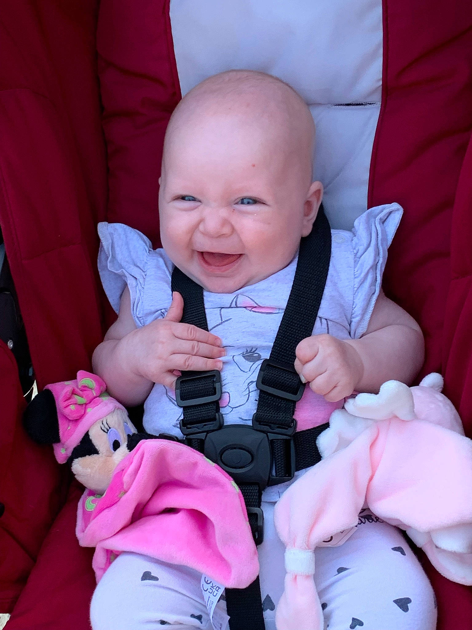 Lilyanna a rejoint le concours — aidez-le/la à gagner de superbes lots ! baby_carriage, baby_toddler_clothing, cheek, comfort, eye, finger, gesture, hand, head, lap, mouth, person, pink, product, purple, seat_belt, skin, sleeve, smile, textile