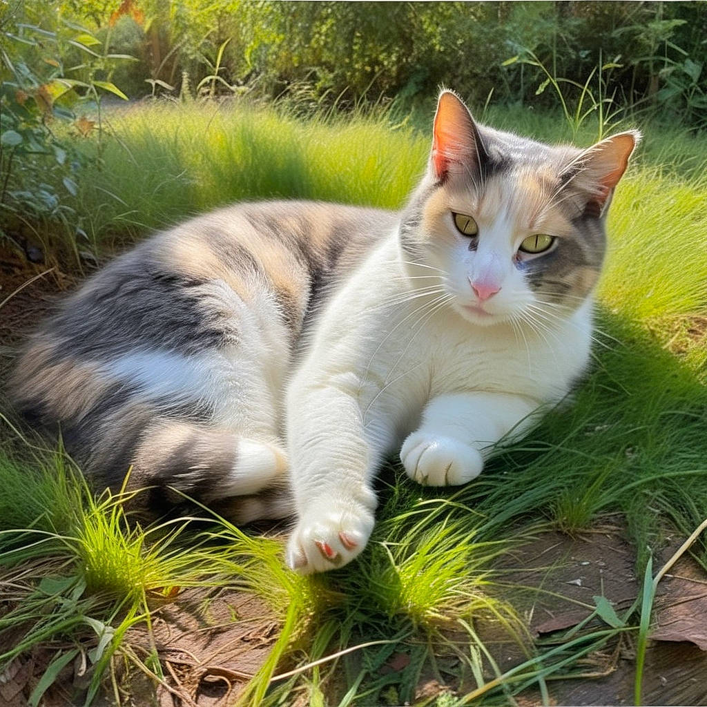 Miley is registered to the contest to win money with this photo: carnivore, cat, domestic_short_haired_cat, fawn, felidae, fur, garden, grass, grass_family, groundcover, lawn, plant, sitting, small_to_medium_sized_cats, snout, tail, terrestrial_animal, tree, whiskers, wildlife