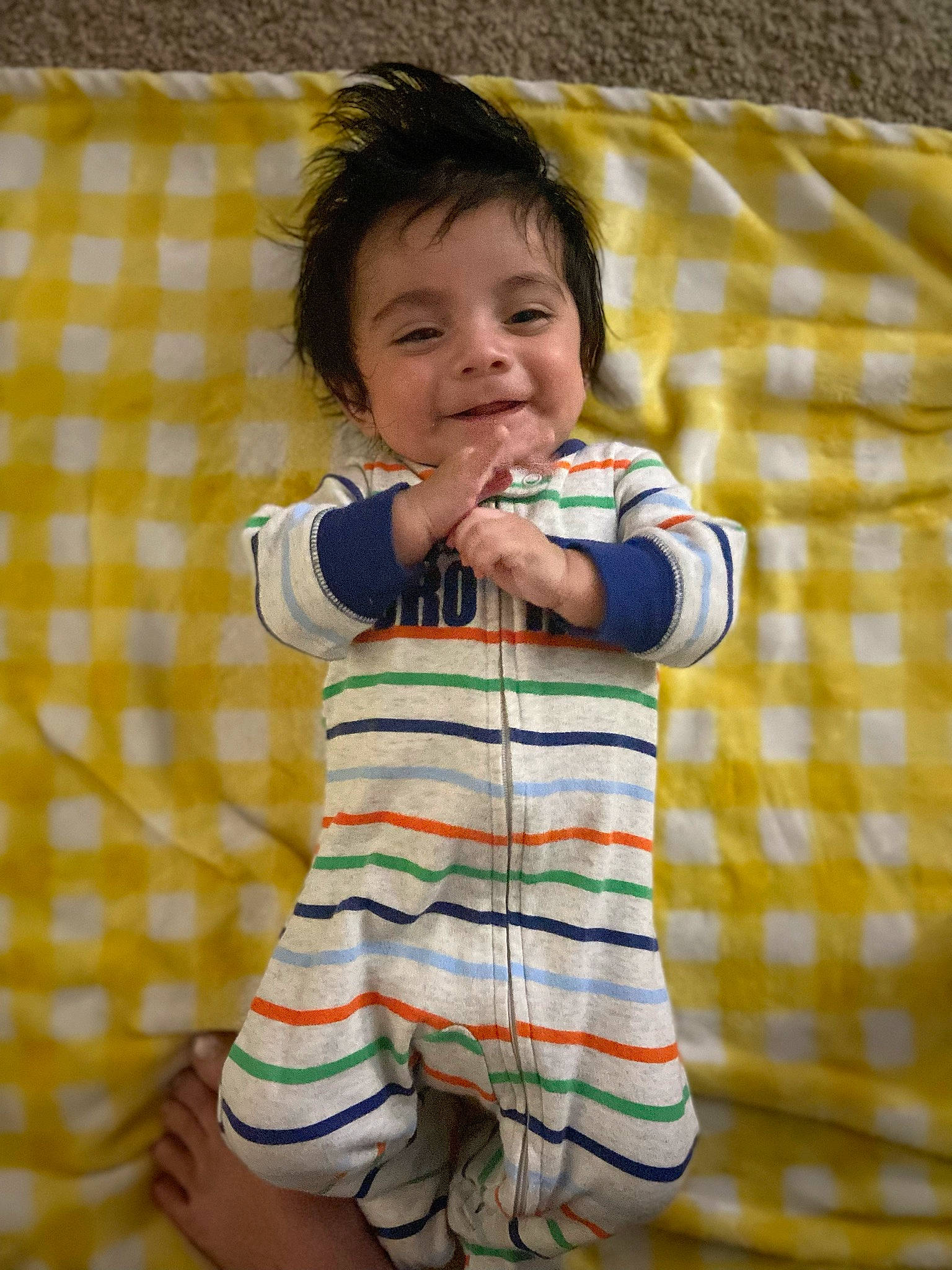 Solomon joined the competition — help win amazing prizes! arm, baby, baby_toddler_clothing, cheek, child, collar, finger, gesture, hand, happy, human_body, joy, neck, nose, outerwear, pattern, person, sleeve, smile, t_shirt