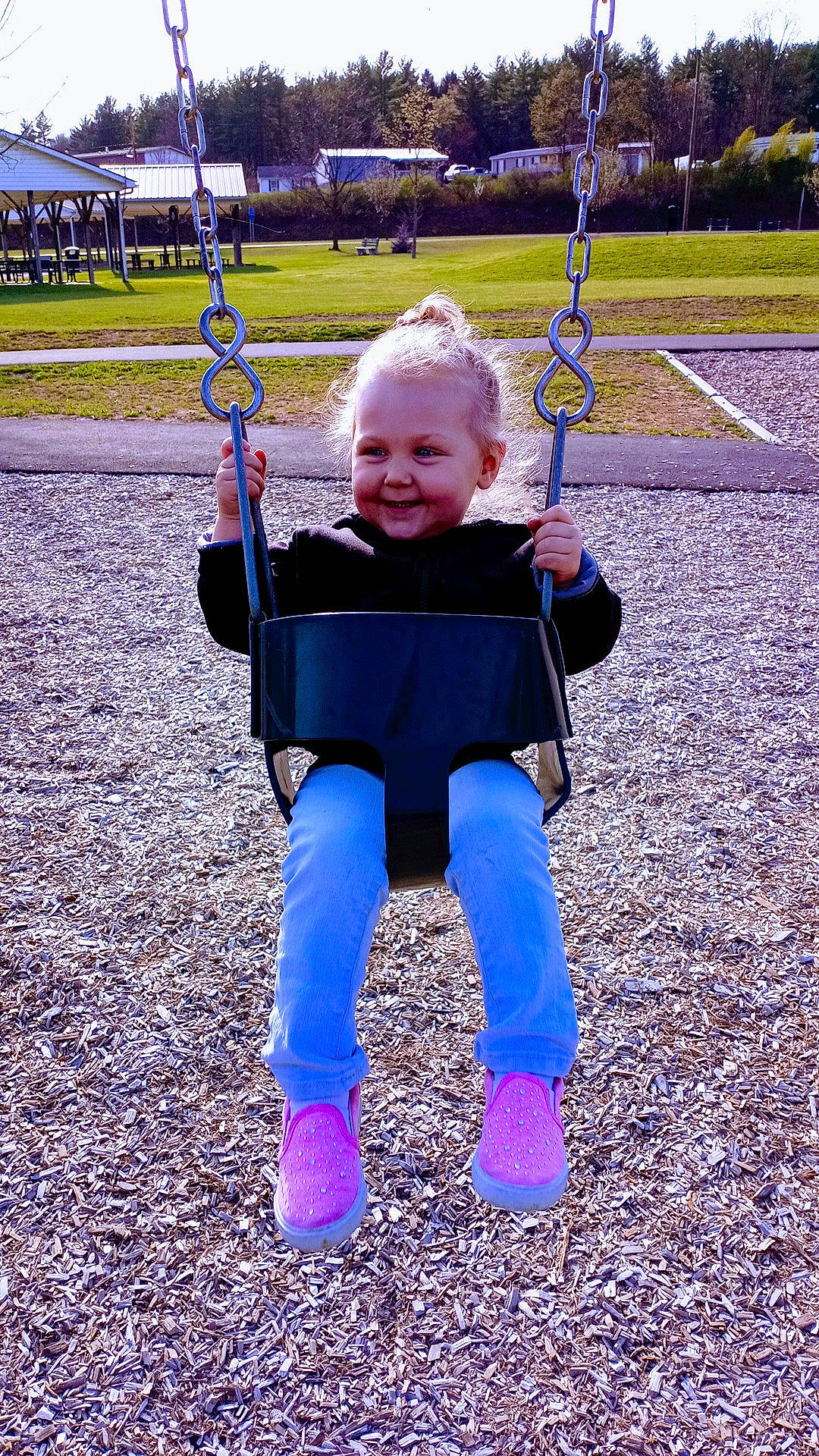 Kielynn joined the competition — help win amazing prizes! baby, baby_toddler_clothing, child, city, electric_blue, fun, grass, happy, joy, leisure, outdoor_play_equipment, people_in_nature, person, plant, playground, recreation, sleeve, smile, swing, t_shirt