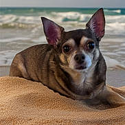 Junior joined the competition — help win amazing prizes! animal, beach, canine, chihuahua, clouds, dog, nature, ocean, outdoor, pet, portrait, relaxing, sand, sky, small_dog, summer, sunlight, towel, vacation, waves