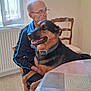 chair, collar, curtain, dog, floor, german_shepherd, glasses, happy, home, human, indoor, jacket, man, pet, seated, smiling_dog, table, tablecloth, window, wooden_chair