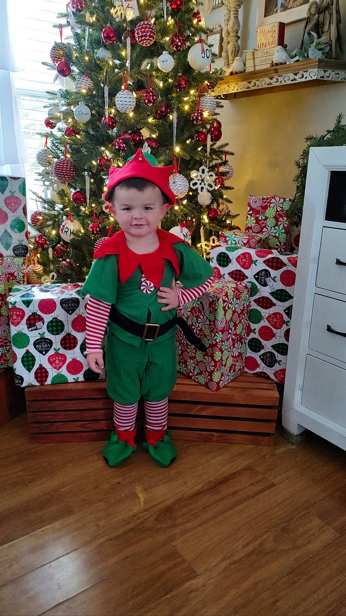 Brycen joined the competition — help win amazing prizes! baby_toddler_clothing, cabinetry, christmas, christmas_decoration, christmas_ornament, christmas_tree, event, flooring, fun, hardwood, holiday, holiday_ornament, home_appliance, joy, kitchen_appliance, pattern, person, smile, toddler, tree
