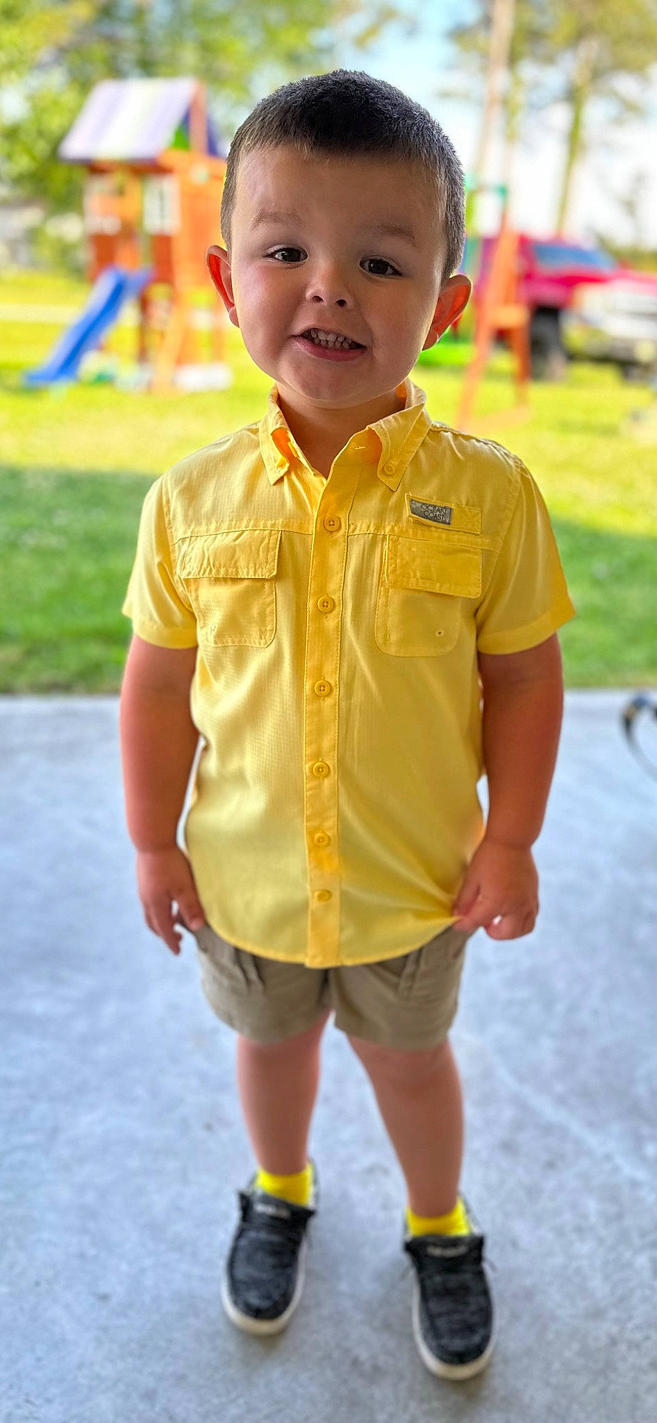 Brycen joined the competition — help win amazing prizes! baby_toddler_clothing, blue, child, fun, gesture, grass, green, happy, joy, leisure, person, photograph, recreation, shorts, skin, sleeve, smile, snapshot, t_shirt, toddler