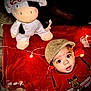Kyael is registered to the contest to win money with this photo: baby, child, hat, plush_toy, cow, christmas, holiday_lights, red_blanket, red_sweater, reindeer, festive, cute, indoors, portrait, surprised_expression, winter_clothing, soft_toy, floor, decorative_lights, cozy
