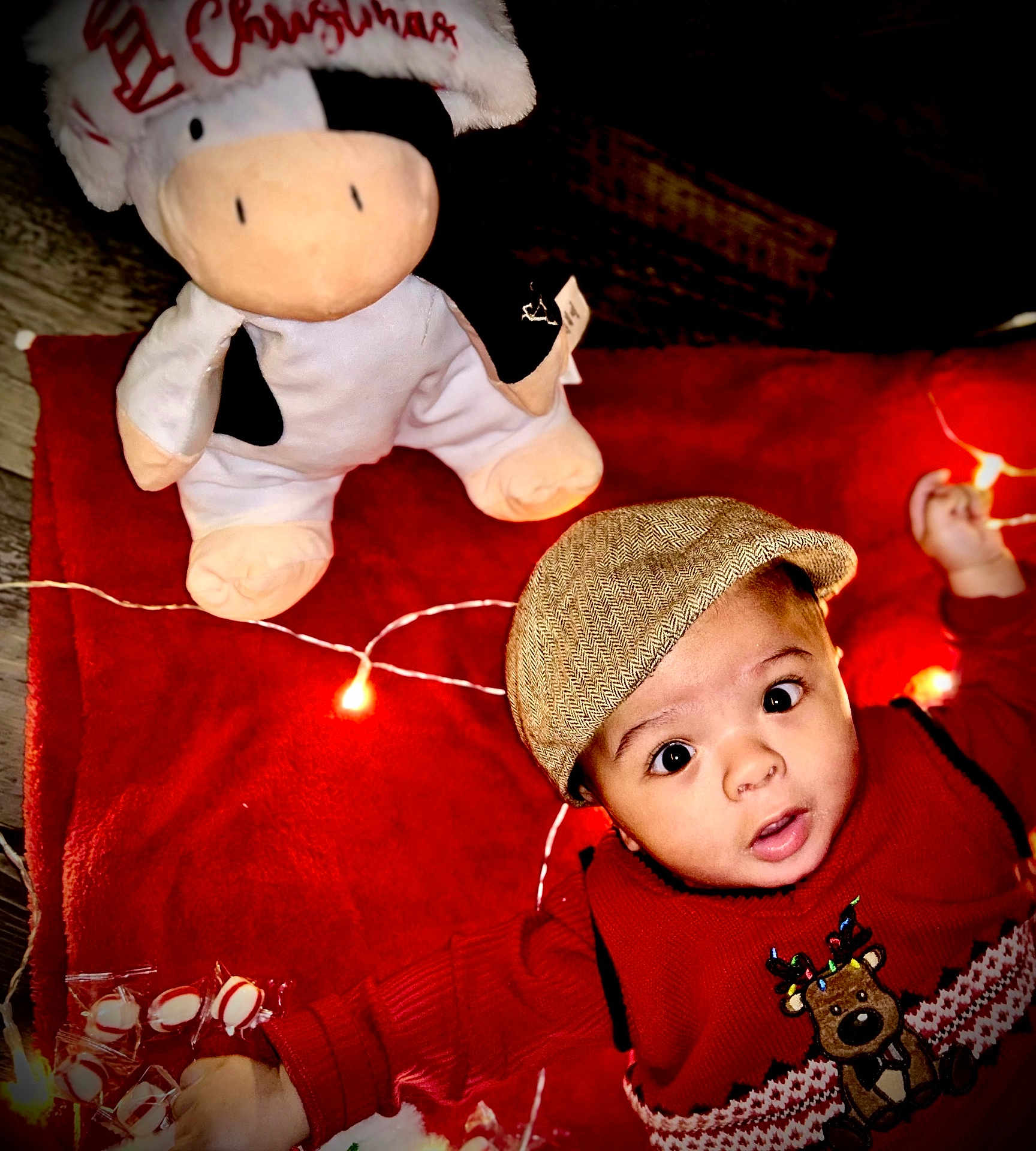 Kyael is registered to the contest to win money with this photo: baby, child, hat, plush_toy, cow, christmas, holiday_lights, red_blanket, red_sweater, reindeer, festive, cute, indoors, portrait, surprised_expression, winter_clothing, soft_toy, floor, decorative_lights, cozy