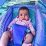 baby, infant, pool, float, purple, pink, water, child, swimming, outdoor, summer, canopy, harness, legs, feet, cute, portrait, relaxing, sitting, expression
