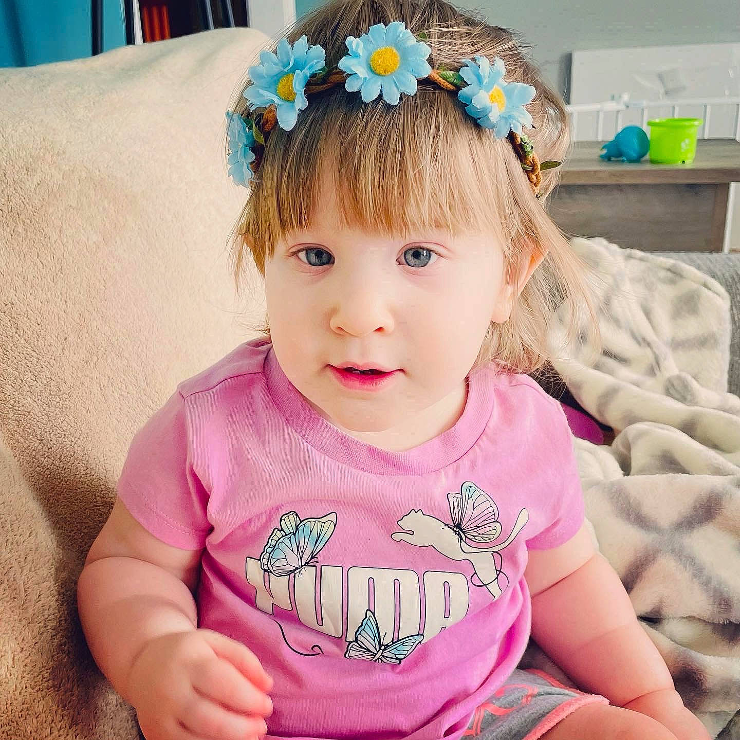 Irelynn is registered to the contest to win money with this photo: baby, baby_toddler_clothing, cheek, cool, eyelash, face, flower, fun, happy, headband, headgear, iris, neck, person, pink, product, skin, sleeve, smile, toddler
