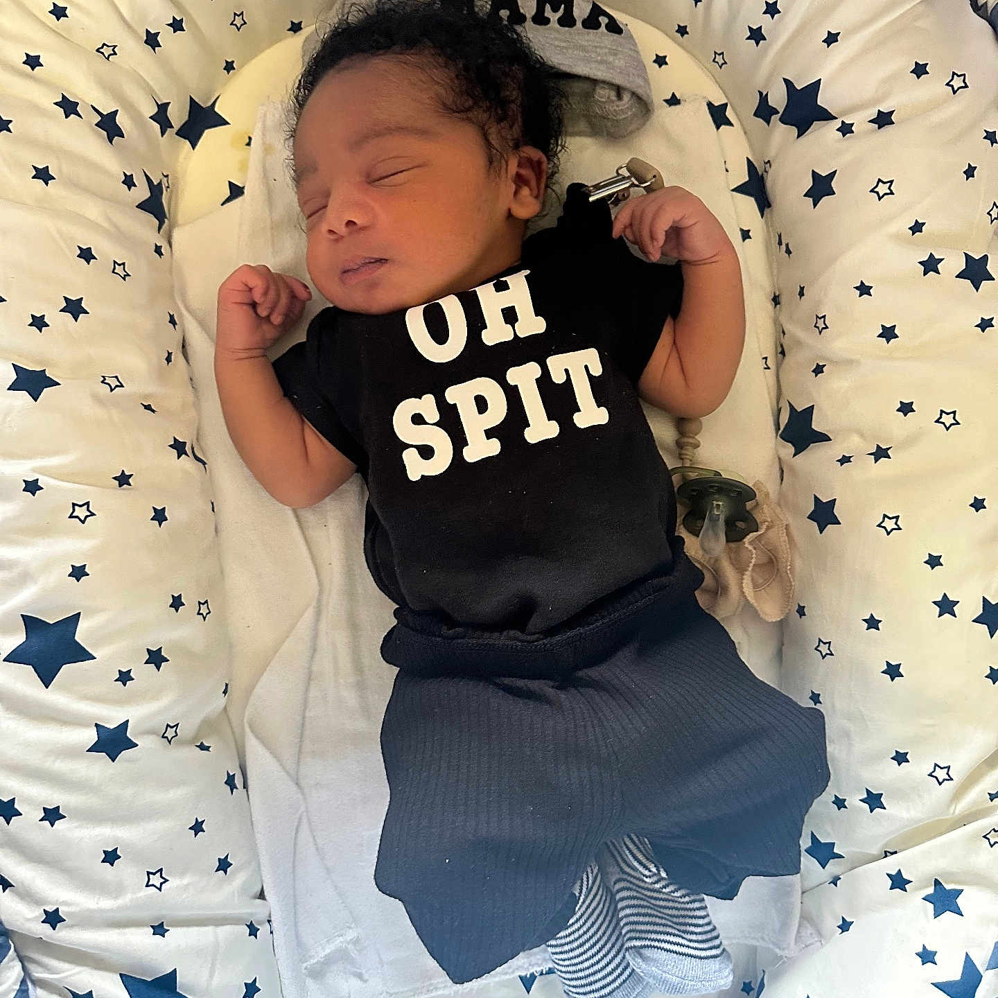 Porsius joined the competition — help win amazing prizes! baby, infant, sleeping, clothing, black_outfit, crib, bedding, stars, hat, pacifier, cushion, pattern, newborn, child, indoors, cute, resting, striped_socks, soft, cozy