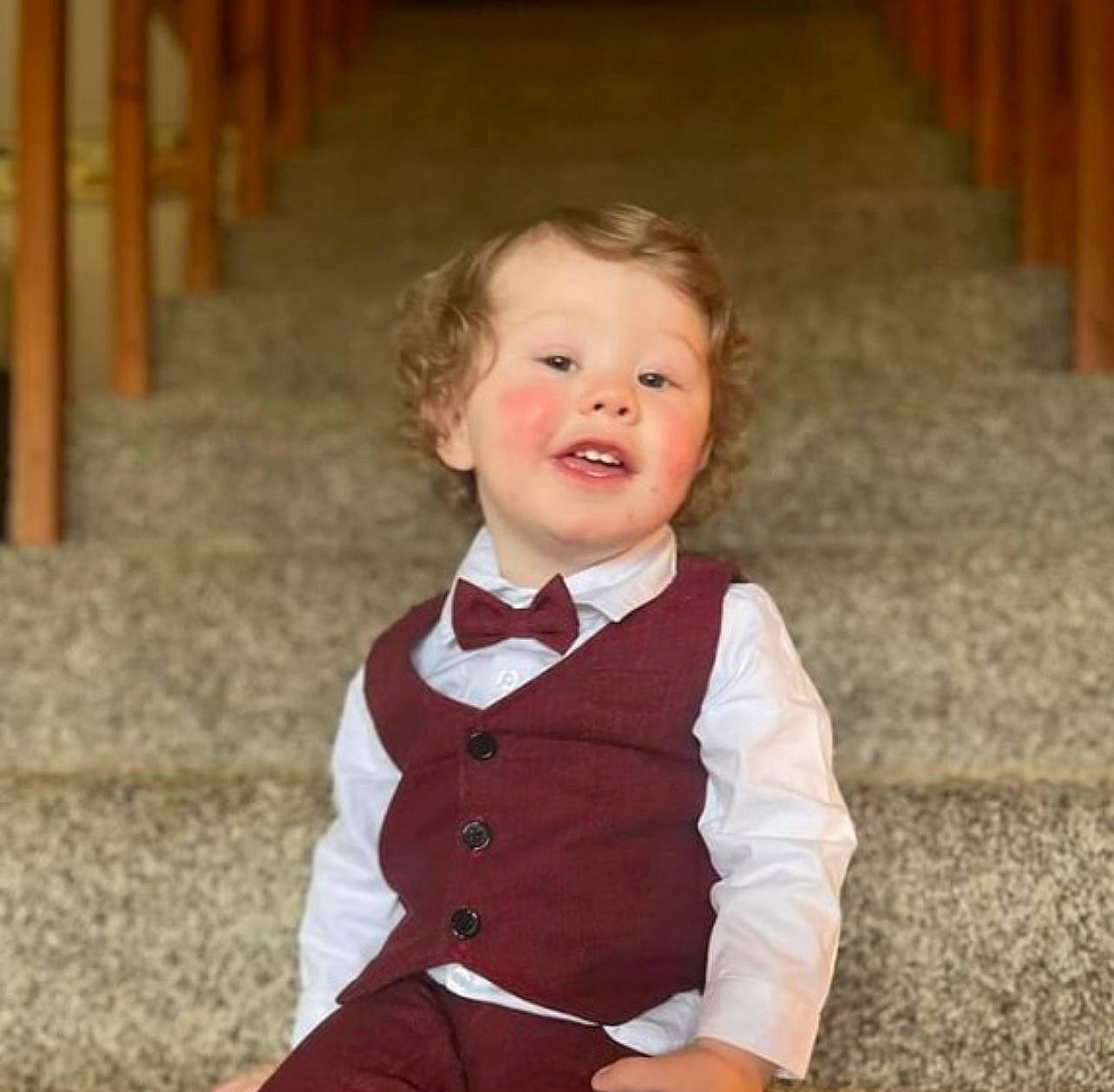 Tylen is registered to the contest to win money with this photo: baby, baby_toddler_clothing, blazer, cheek, child, chin, collar, dress, dress_shirt, eye, face, flooring, formal_wear, happy, pattern, person, sleeve, smile, tie, toddler