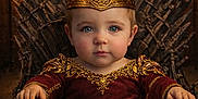 Rhaenyra is registered to the contest to win money with this photo: baby, blue_eyes, candles, child, costume, crown, decor, face, fantasy, gold_detail, hands, indoor, iron_throne, medieval, portrait, red_dress, royalty, seat, serious_expression, throne