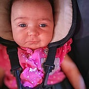 Rhaenyra joined the competition — help win amazing prizes! baby, infant, child, car_seat, harness, pink_clothing, polka_dot, face, blue_eyes, close_up, sitting, seatbelt, child_safety, cute, portrait, young, person, indoor, infant_clothing, baby_girl