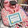 baby, blanket, celebration, certificate, child, clothing, crib, crying, cushion, face, graduation_cap, hospital, indoors, infant, medical_equipment, neonatal, pediatric, person, pink, unicorn