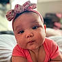 baby, infant, face, headband, pink_clothing, chubby_cheeks, cute, portrait, lying_down, indoors, soft_light, expression, child, person, closeup, skin, adorable, baby_girl, headwear, toddler