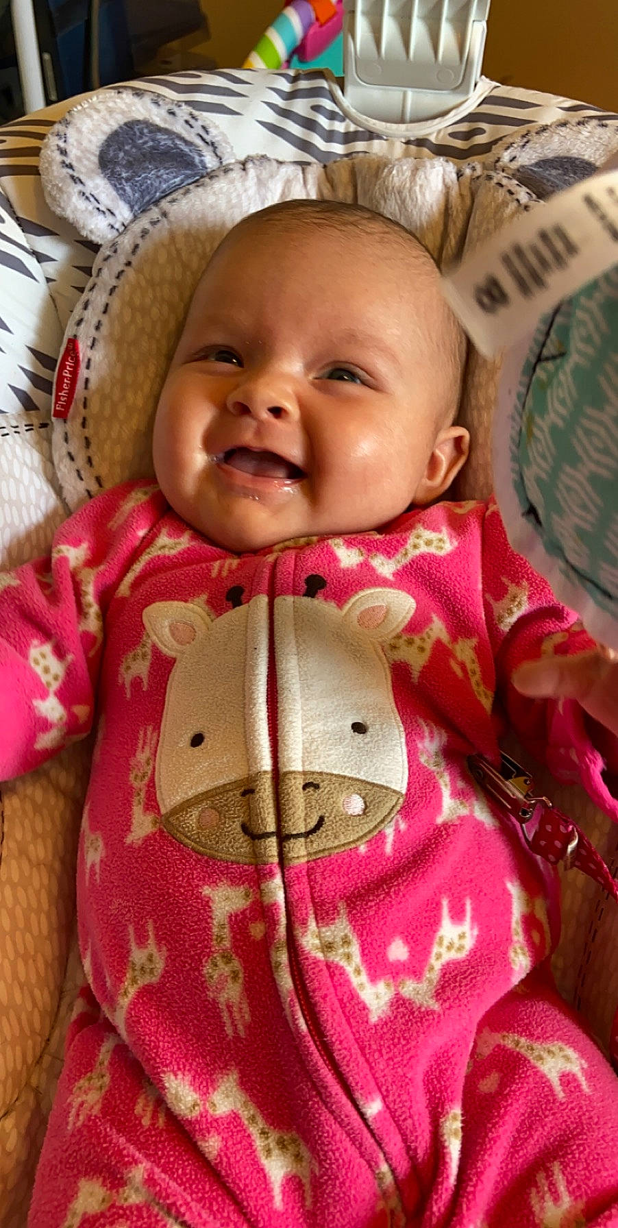 Kaia is registered to the contest to win money with this photo: baby, cheek, child, doll, face, happy, head, lip, mouth, nose, person, pink, skin, smile, toddler, toy