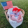 baby, basket, blanket, grass, outdoor, flag, headband, red_bow, sleeping, infant, patriotic, foot, clothing, nature, peaceful, summer, countryside, relaxing, resting, portrait