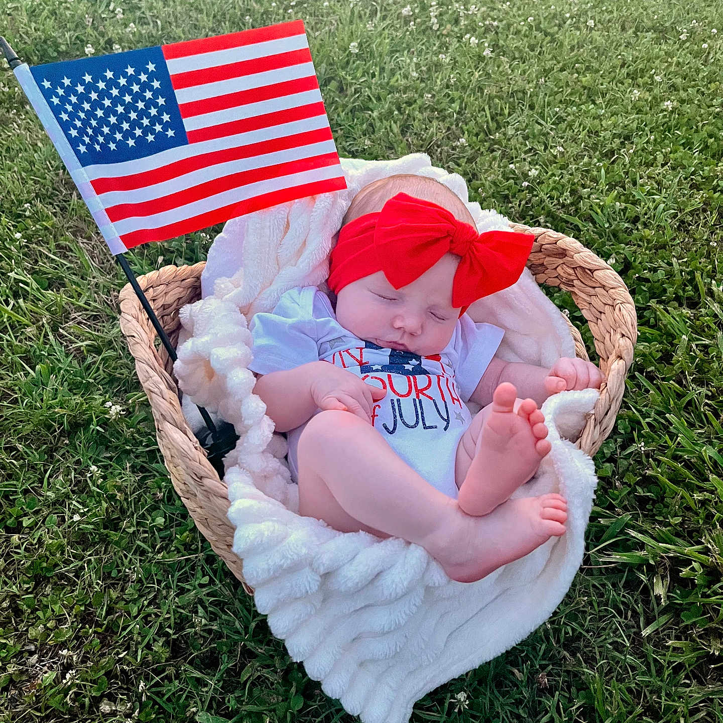 Ottalee Jo joined the competition — help win amazing prizes! baby, basket, blanket, grass, outdoor, flag, headband, red_bow, sleeping, infant, patriotic, foot, clothing, nature, peaceful, summer, countryside, relaxing, resting, portrait