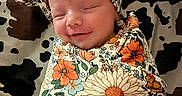 Ottalee Jo is registered to the contest to win money with this photo: baby, newborn, swaddle, headband, floral_pattern, blanket, cow_print, smile, sleeping, infant, cute, portrait, closeup, face, child, peaceful, cozy, wrapped, soft, resting