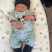 Thaïs participe au concours pour gagner de l'argent avec cette photo : newborn, baby, sleeping, denim_overalls, mickey_mouse, hat, beanie, harley_davidson, socks, star_pattern, blanket, infant, cute, clothing, person, indoor, resting, small_hands, cozy, soft