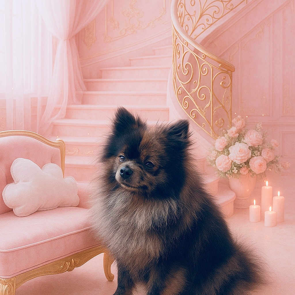 Laïka a rejoint le concours — aidez-le/la à gagner de superbes lots ! bouquet, candle, cozy, curtains, decor, dog, floor, flowers, fluffy, gold_railings, indoor, luxury, pet, pillow, pink, plush_chair, pomeranian, portrait, soft_lighting, stairs