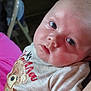 baby, infant, face, blue_eyes, teddy_bear, shirt, clothing, person, arm, pink_sleeve, closeup, skin, head, expression, curious, indoor, child, human, portrait, resting