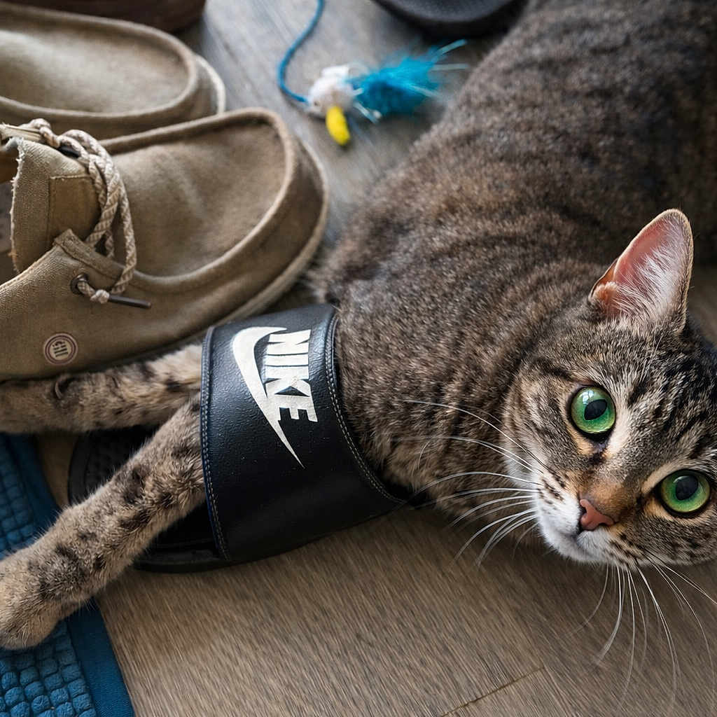 Athena participe au concours pour gagner de l'argent avec cette photo : black, brown, cat, curious, domestic_animal, ears, feather, floor, fur, green_eyes, indoor, nike_slide, pet, playful, relaxed, shoes, tabby, toy, whiskers, white