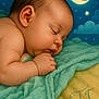 baby, sleeping, blanket, infant, night_sky, moon, stars, clouds, peaceful, child, portrait, soft_texture, cute, rest, bedtime, closeup, skin, face, hand, calm