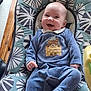 baby, baby_seat, bear_design, blue_onesie, child, comfort, cute, footed_pajamas, happy, indoors, infant, patterned_cushion, person, plush, portrait, relaxed, seated, small_hand, smile, young_child