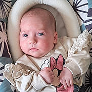 Liv participe au concours pour gagner de l'argent avec cette photo : baby, blue_eyes, child, closeup, clothing, cute, expression, face, hand, indoor, infant, lace, minnie_mouse, newborn, patterned_seat, person, portrait, seat_belt, soft_texture, sweater
